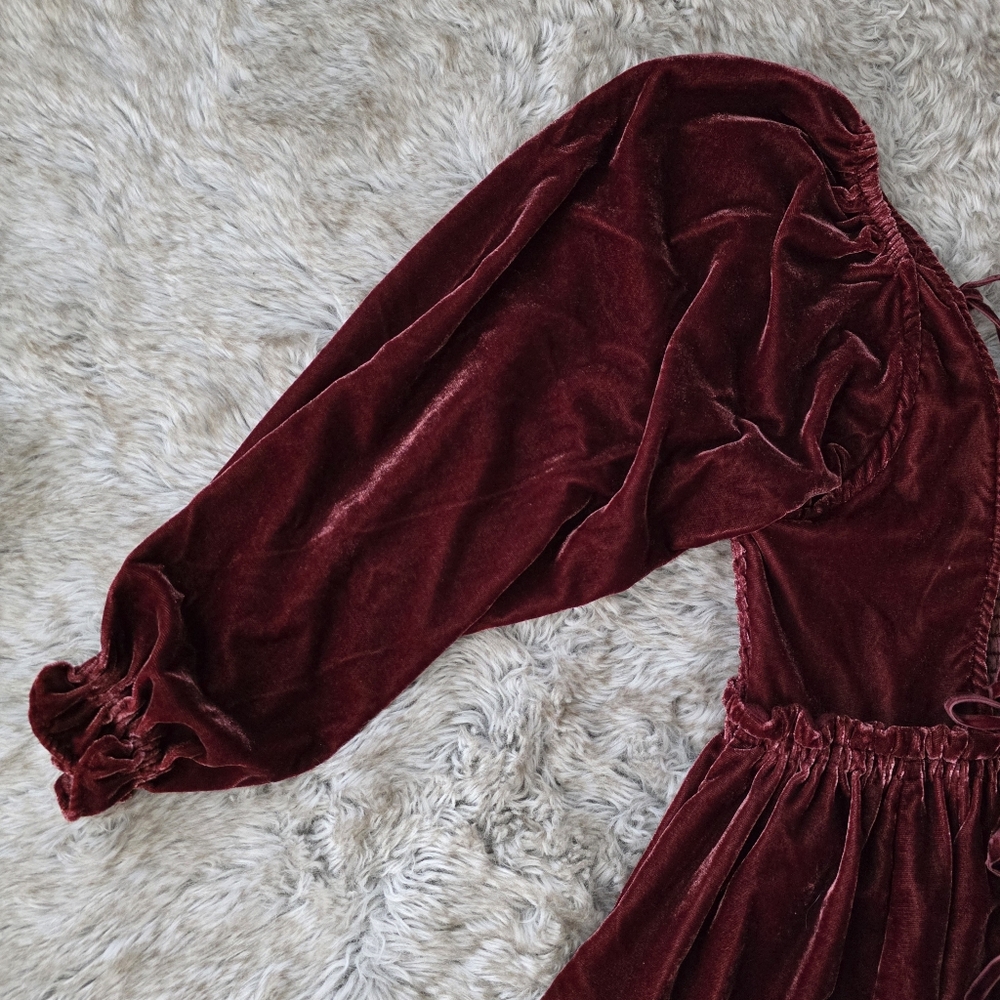 Velvet Smocked Mini Dress - Burgundy - Picture 9 of 16